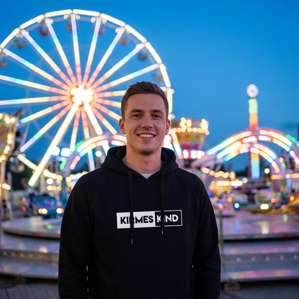 Mann im Kirmeskind Modern Hoodie auf der Kirmes
