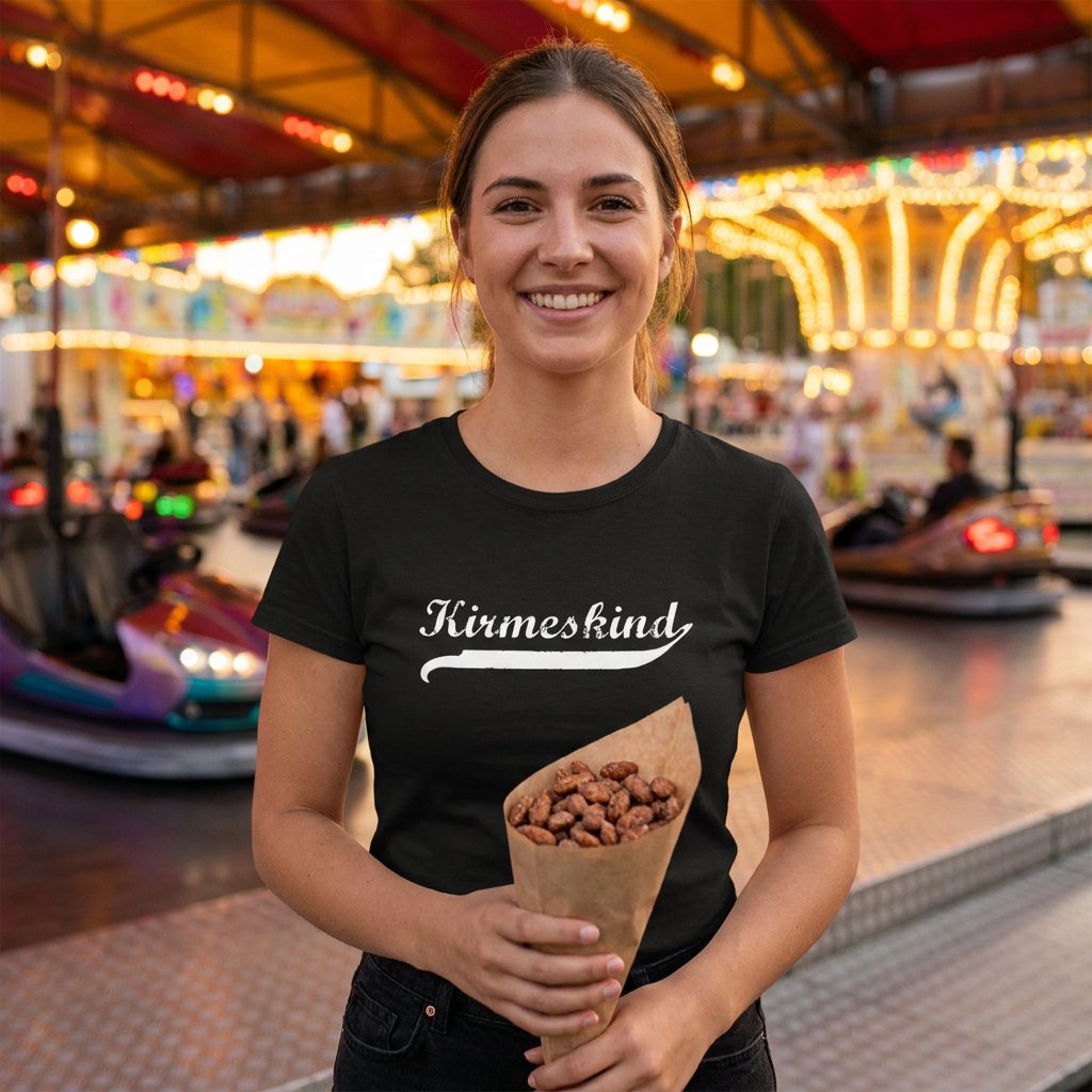 Frau im Kirmeskind Vintage T-Shirt mit gebrannten Mandeln