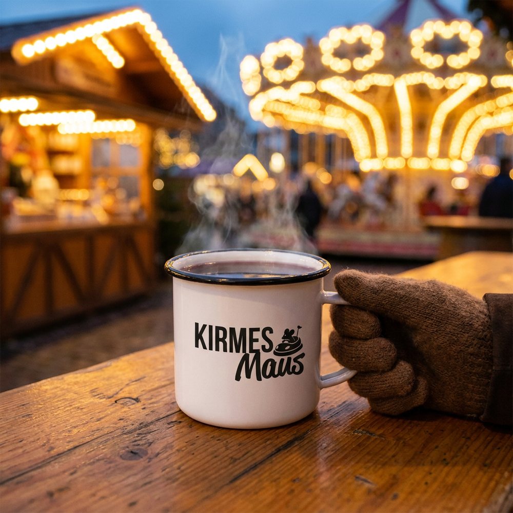 Kirmesmaus Emaille Tasse auf der Kirmes
