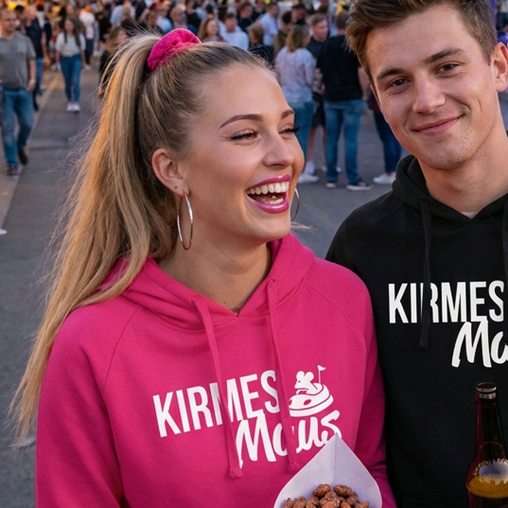 Frau im pinken Kirmesmaus Hoodie auf der Kirmes