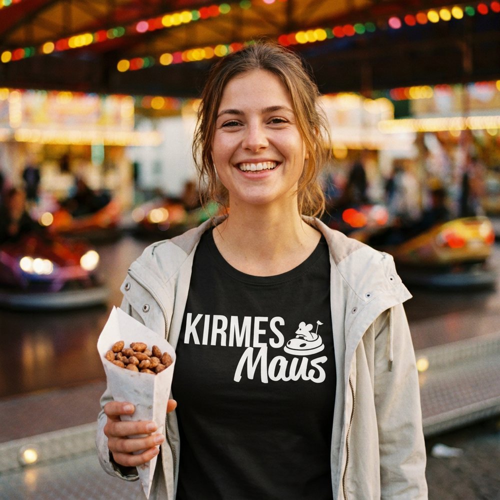 Frau im Kirmesmaus T-Shirt mit gebrannten Mandeln auf der Kirmes